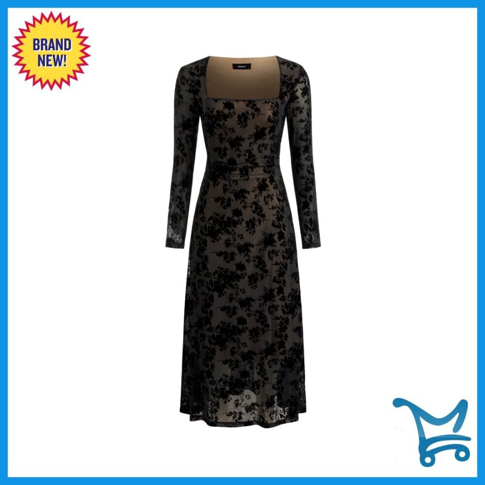 Midi Dress Floral Mesh Long Sleeve Square Neck Tie Back Evening Party Wear